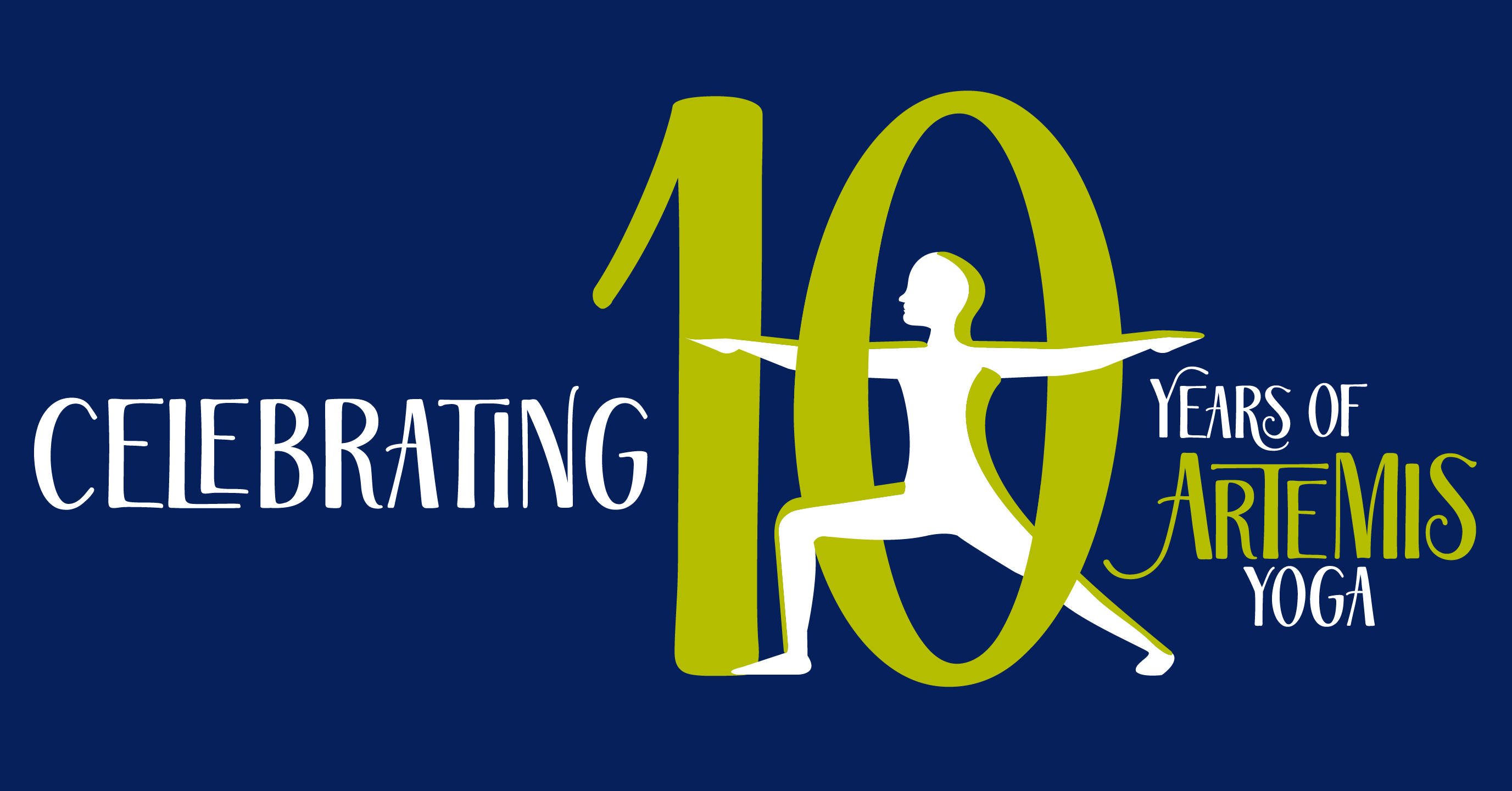 Logo that says celebrating 10 years of artemis yoga on dark blue background