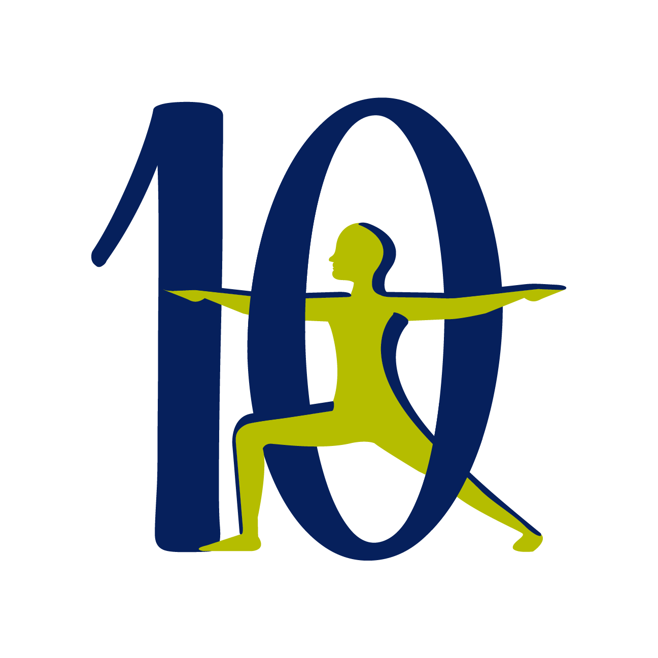 The number 10 with a figure doing yoga pose warrior 2