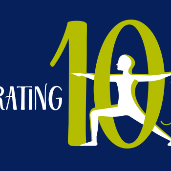 Logo that says celebrating 10 years of artemis yoga on dark blue background