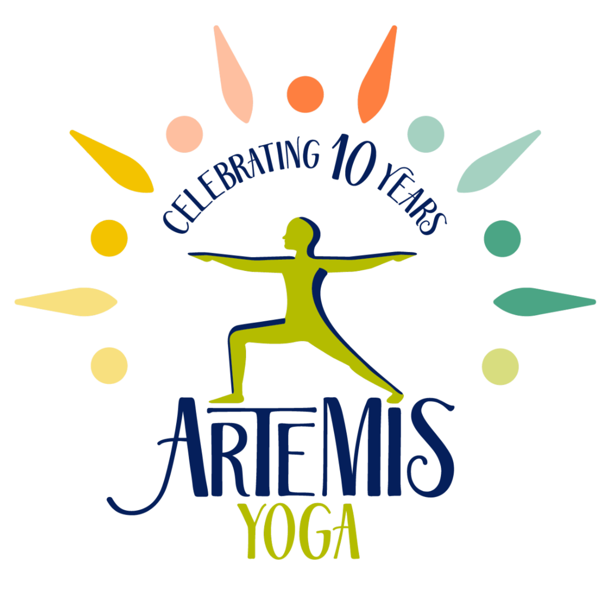 Colorful logo that says Celebrating 10 Years of Artemis Yoga